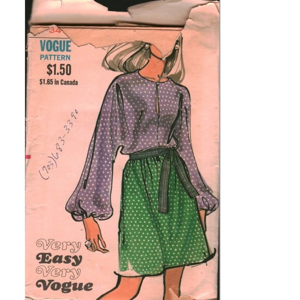 Vintage Vogue Pattern 7851 Misses One-Piece Dress Dolman Sleeve Size 12 Bust 34